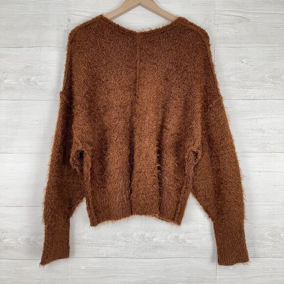 Free People Icing Pullover Sweater S Brown V Neck Eyelash Knit Fluffy Slouchy - Picture 6 of 16